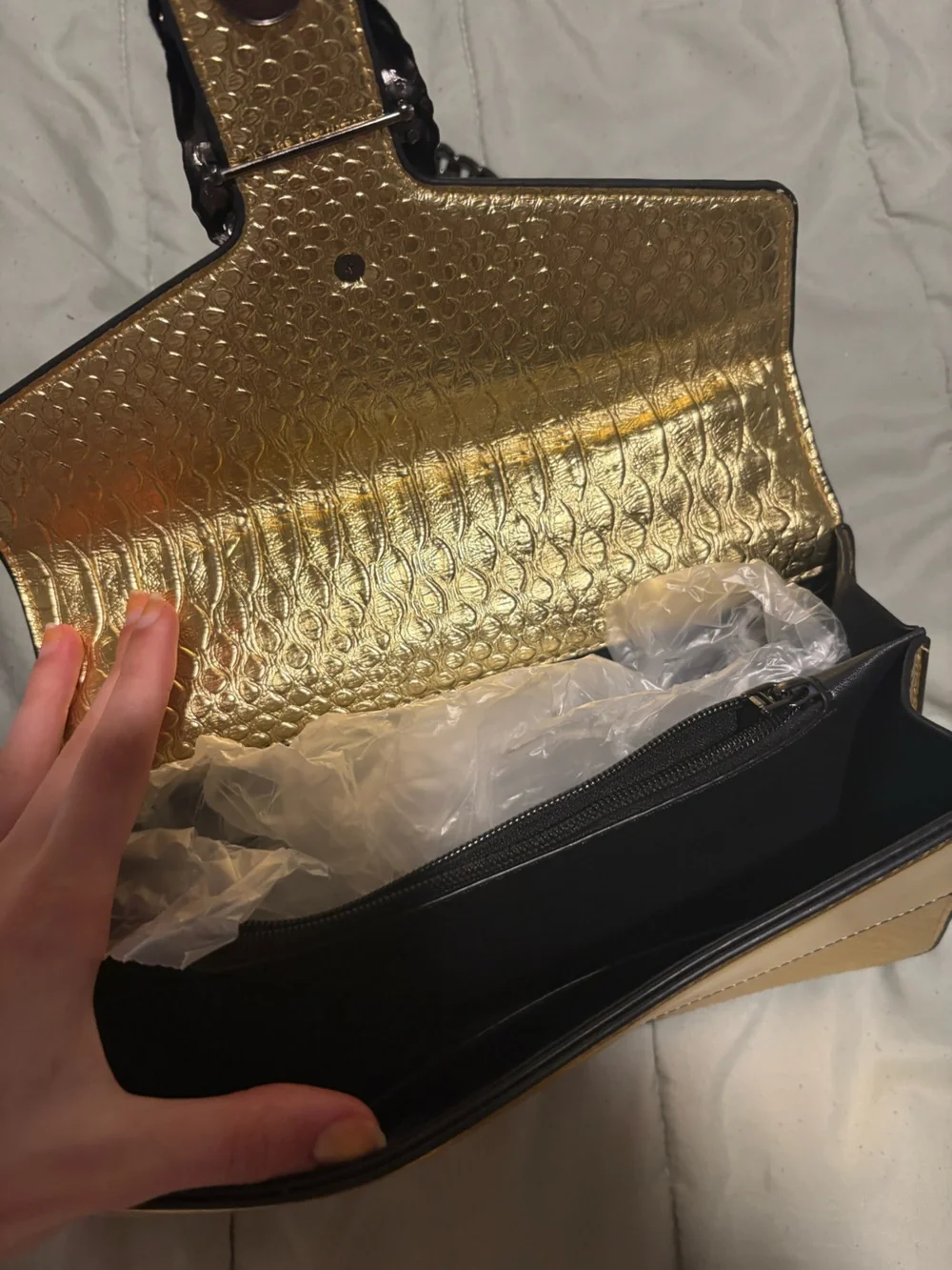 Metallic Gold Textured Shoulder Bag with Decorative Clasp